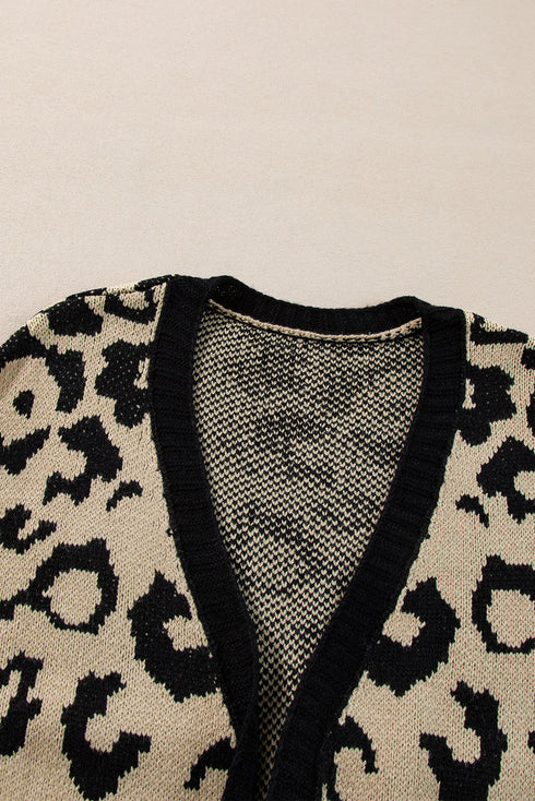 Stripe Sleeve Leopard Print Open Front Cardigan With Pockets